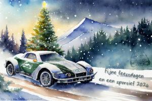 Watercolor kerstkaart met fijne feestdagen en een sportief 2024 namens de Achtmaalse rally club. Een rallyauto in de sneeuw met een kerstboom op de achtergrond