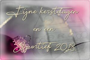 een grijze kaart met roze kerstballen. Fijne kerstdagen en een sportief 2018